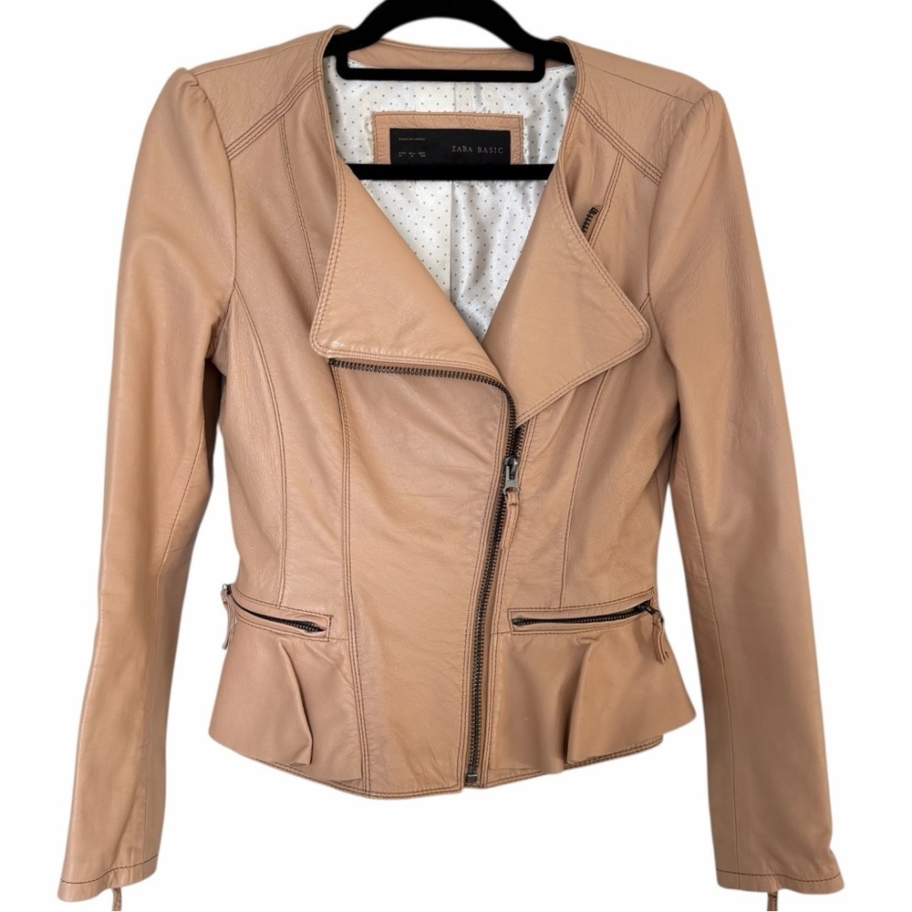 Zara peplum lambskin leather jacket beige, sand, camel (light) color size M